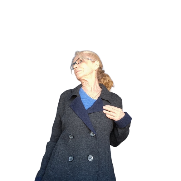 Anthropologie HWR Wool Blend Grey & Navy Classic Double Breasted Pea Coat Med - Picture 9 of 11